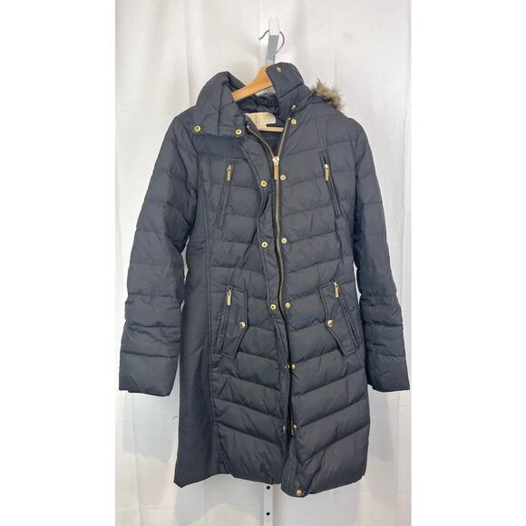 Michael MICHAEL KORS Down Puffer Coat Faux Fur Trim Zip Off Hood Winter Black XS - Picture 1 of 10